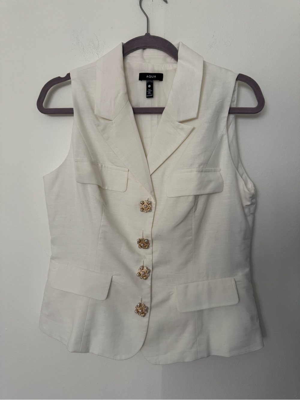 Aqua Cream Sleeveless Blazer Vest with Gold Floral Buttons